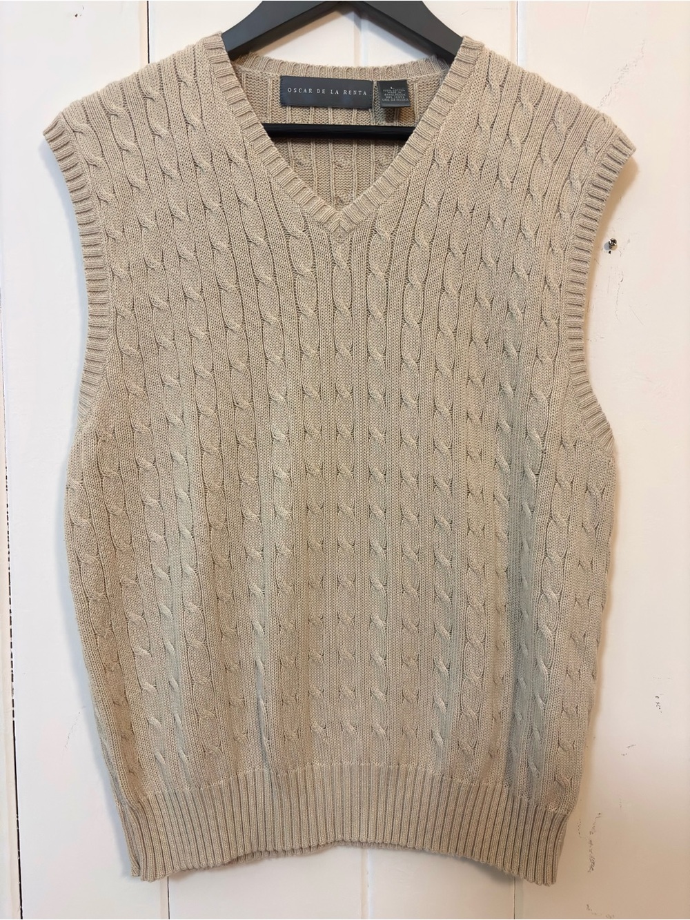 Vintage Oscar De La Renta Preppy Cream Cable Knit Cotton Sweater Vest - Large